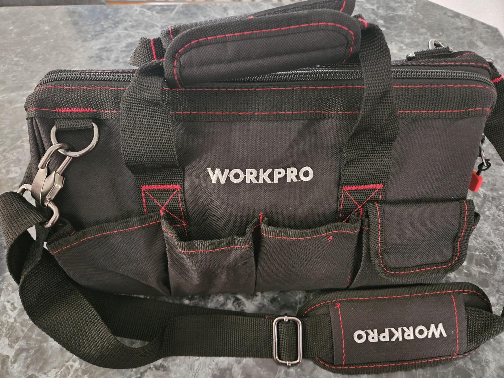 WORKPRO 14-inch Tool Bag, Multi-pocket Tool Organizer with Adjustable Shoulder Strap, W081021A , black customer photo 2