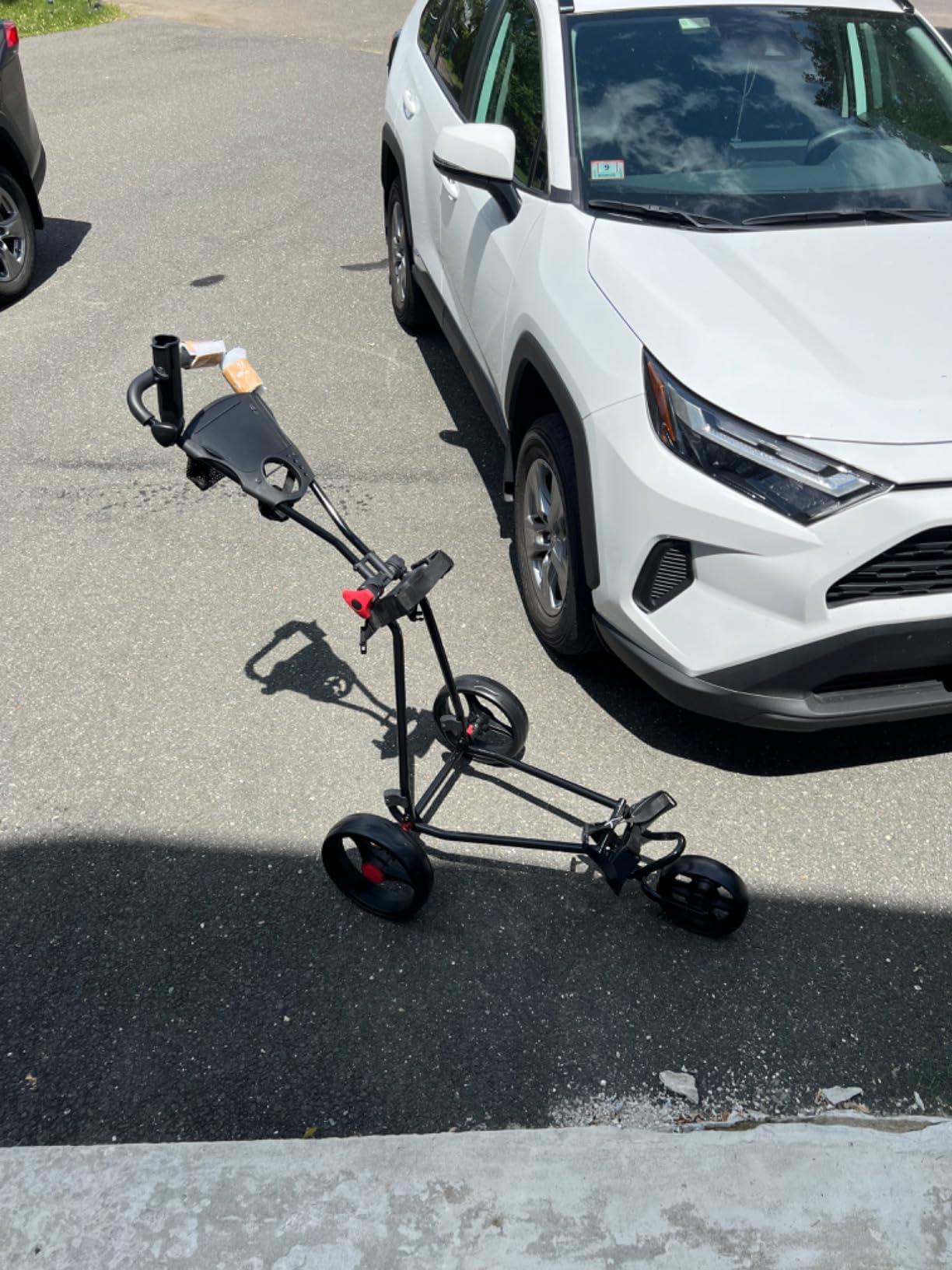 Tangkula Golf Push Cart, Lightweight Collapsible Golf Pull Cart, 3 Wheels Golf Trolley with Foot Brake Umbrella Holder & Cup Holder, Adjustable Handle and Storage Bag customer photo 2
