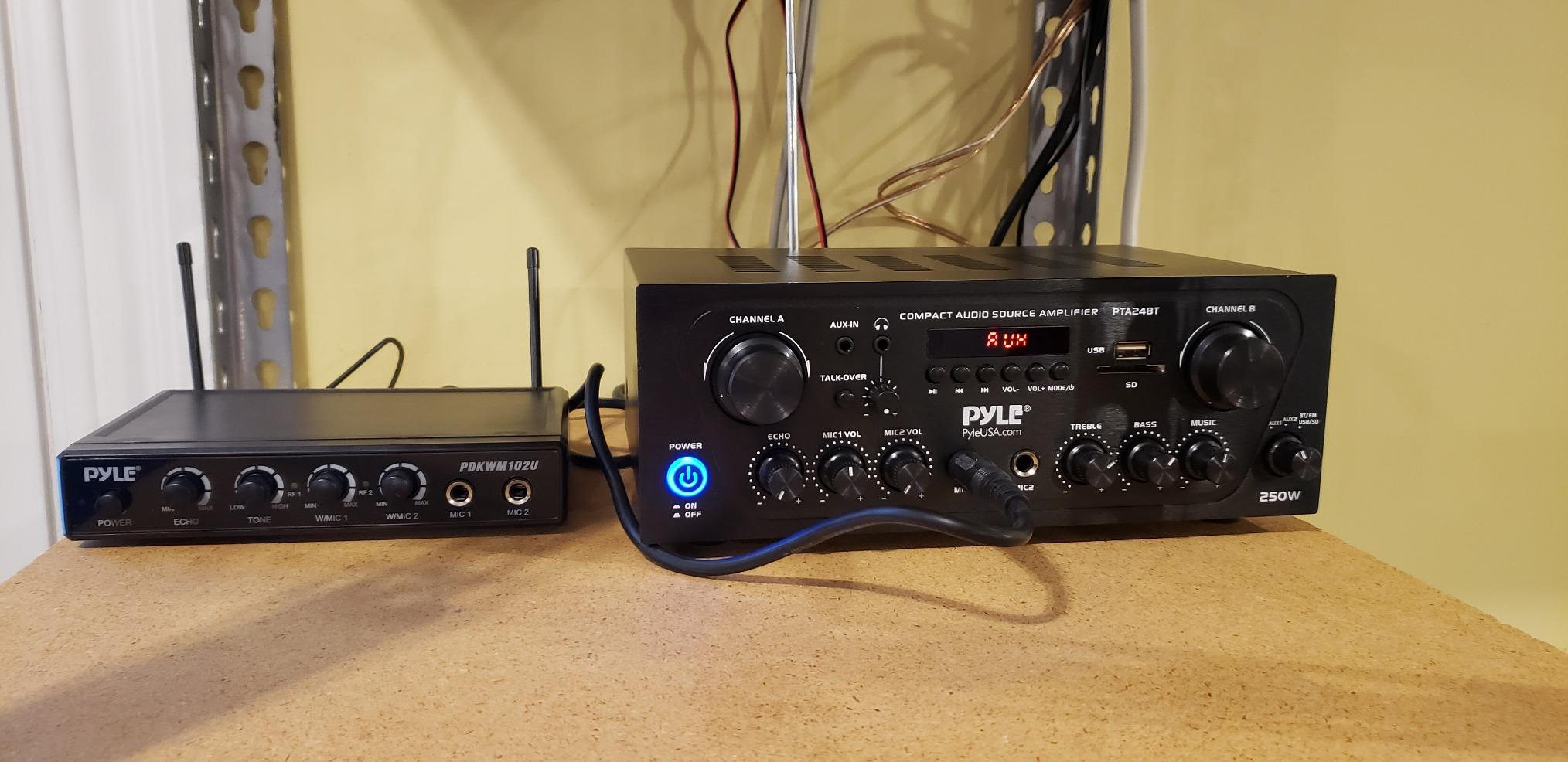 Pyle 2-Channel Bluetooth Home Stereo Amplifier - 250W Wireless Audio Receiver, Karaoke Optimized: Dual Mic In with Echo, Mic Talk-Over, FM Radio, USB-A MP3 Player, RCA, AUX, Remote Ctrl - PTA24BT customer photo 2