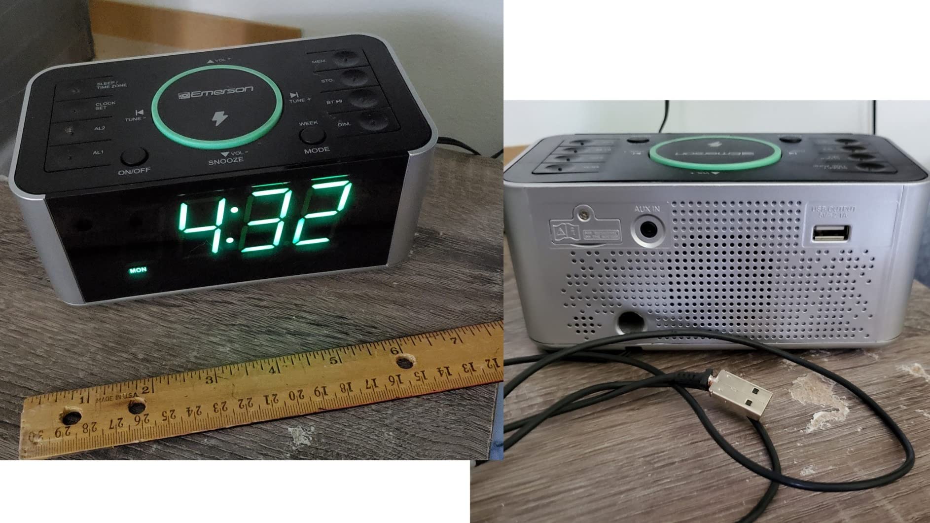 Emerson SmartSet Wireless Charging Dual Alarm Clock Radio with PLL FM, 10 Watt Ultra Fast Qi, USB Port, Bluetooth, Aux Input, Easy-to-Read 1.4-Inch High Contrast Aqua LED Display, ER100202 customer photo 1