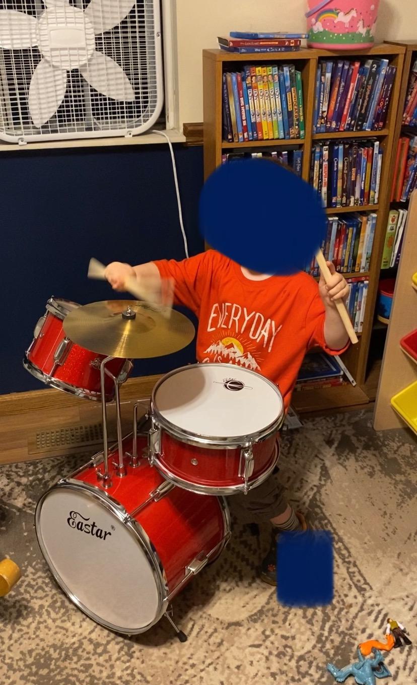 Kids Drum Set Eastar 3-Piece for Beginners, 14 inch Drum Kit with Adjustable Throne, Cymbal, Pedal & Two Pairs of Drumsticks, Junior Drum Set with Bass Tom Snare Drum, Metallic Sky Blue customer photo 1