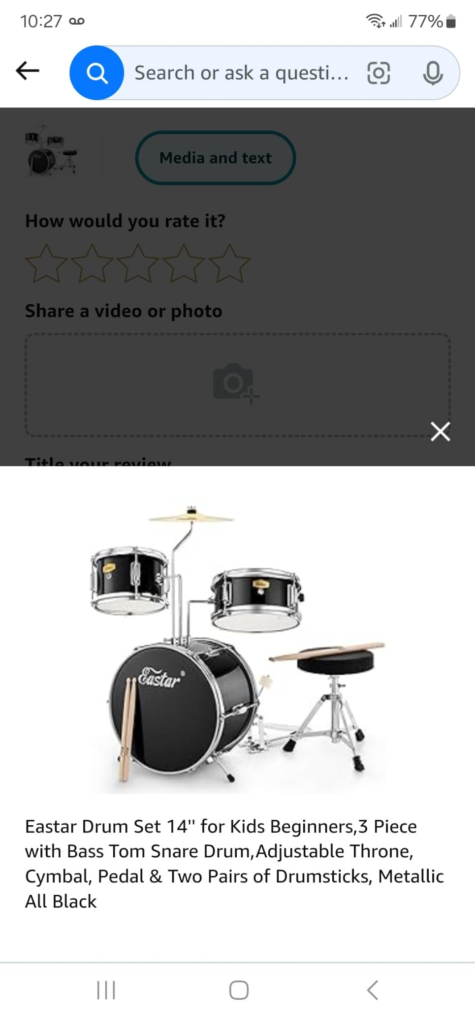 Kids Drum Set Eastar 3-Piece for Beginners, 14 inch Drum Kit with Adjustable Throne, Cymbal, Pedal & Two Pairs of Drumsticks, Junior Drum Set with Bass Tom Snare Drum, Metallic Sky Blue customer photo 2