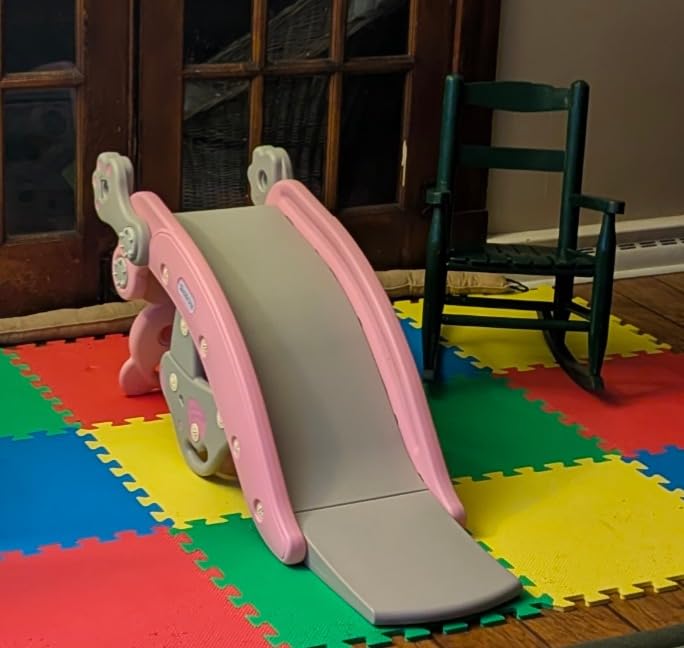 Costzon 5 in 1 Toddler Slide Rocking Toy, Slide for Kids with Detachable Stool, Basketball Hoop and Ring Game, Foldable Climber Playground Slide for Both Indoors Outdoor Use (Pink Bear) customer photo 1