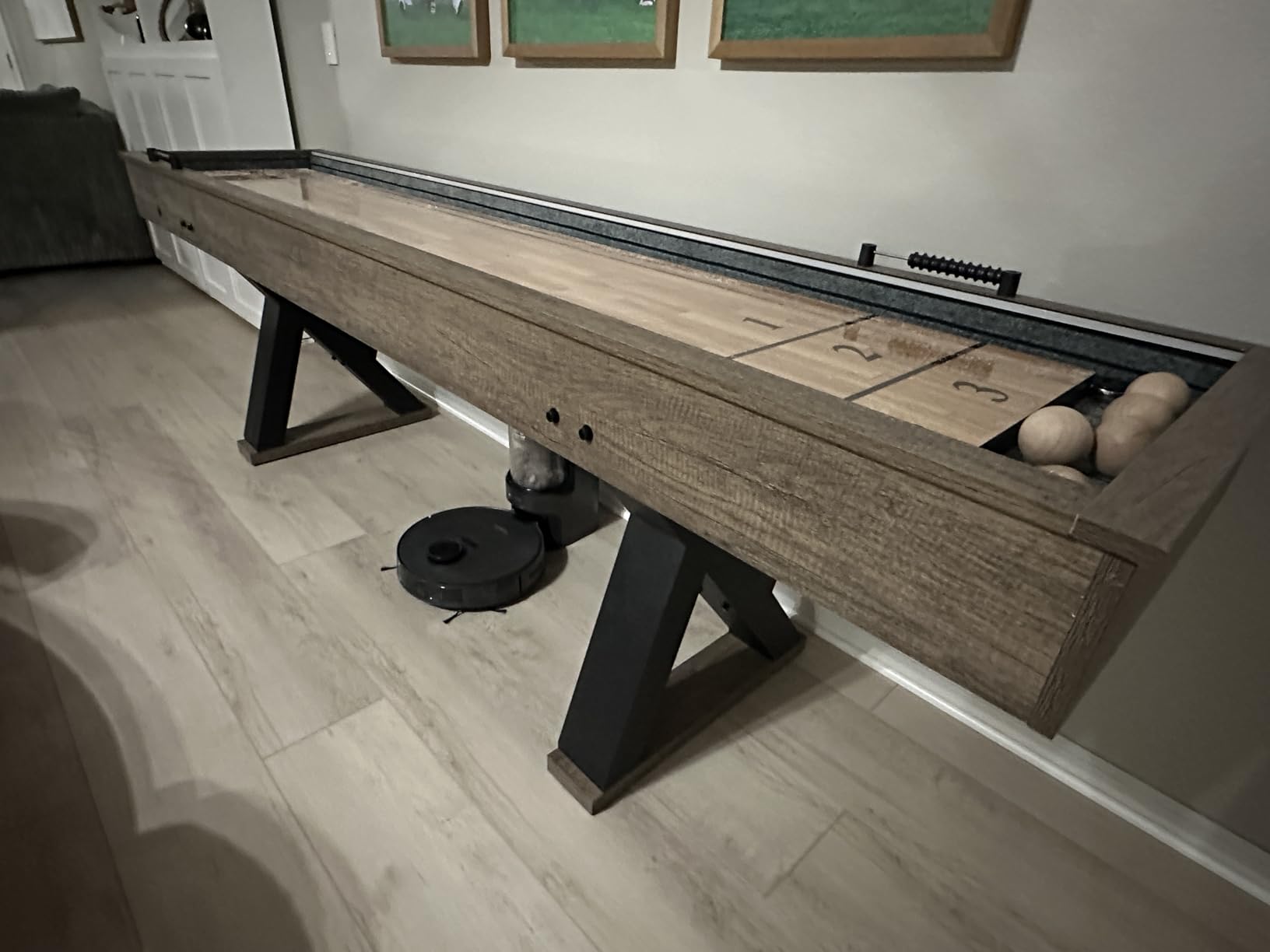 American Legend Kirkwood 9’ Shuffleboard Table with LED Rails, Bowling Game Set, Rustic Wood Finish & Accessories Included customer photo 1