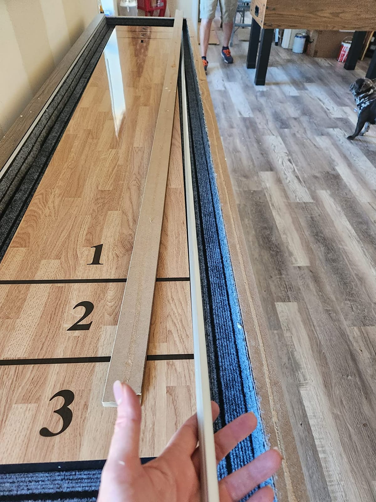 American Legend Kirkwood 9’ Shuffleboard Table with LED Rails, Bowling Game Set, Rustic Wood Finish & Accessories Included customer photo 2