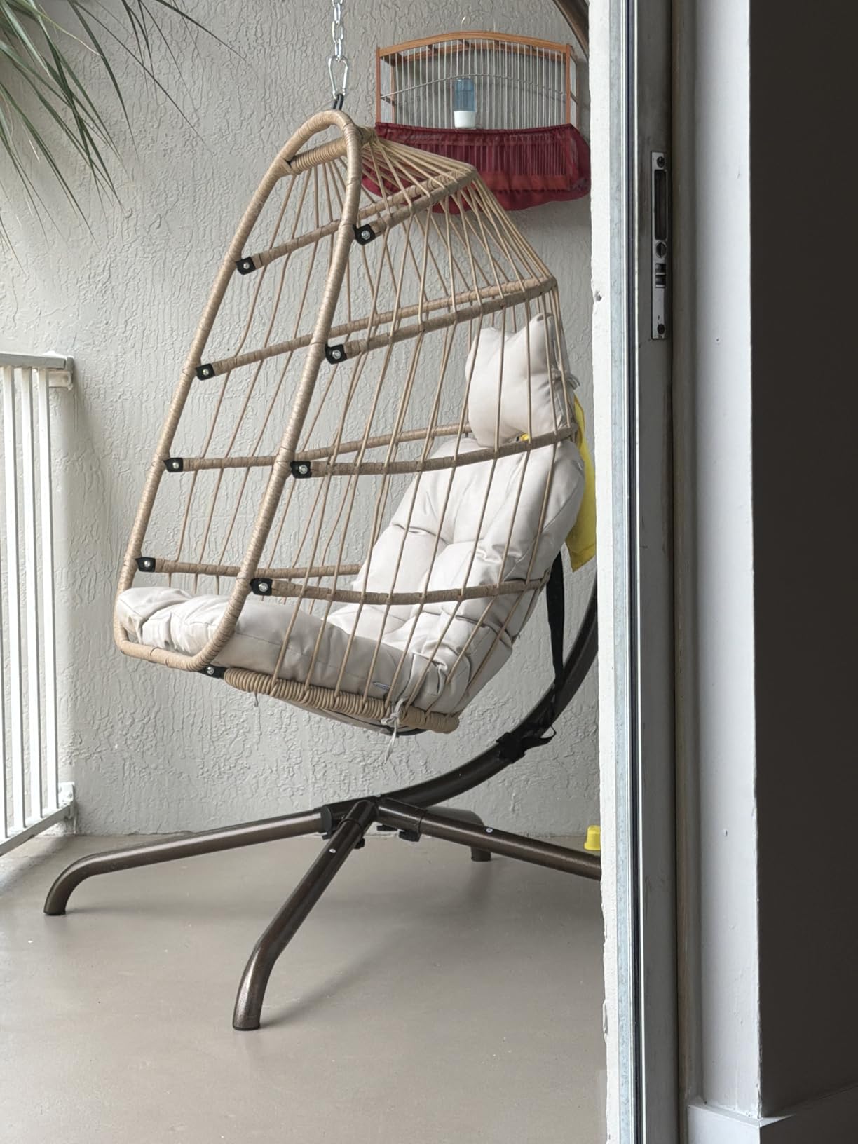 NICESOUL Hanging Egg Chair with Stand Indoor Outdoor, Comfy Patio Rattan Swing Hammock Chairs with Cushion, 350lbs Capacity Egg Shaped Chair for Lawn Backyard Balcony Bedroom, Birthday Gift, Beige customer photo 1
