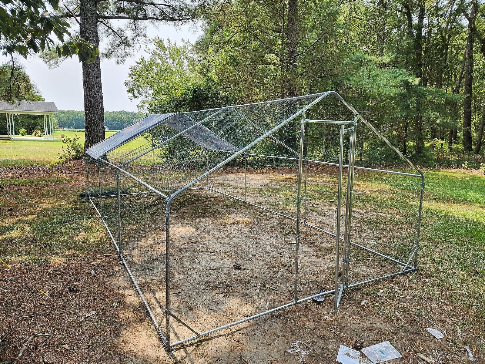 PawHut Large Chicken Coop Metal Chicken Run with Waterproof and Anti-UV Cover, Spire Shaped Walk in Fence Cage Hen House for Outdoor and Yard Farm Use, 1