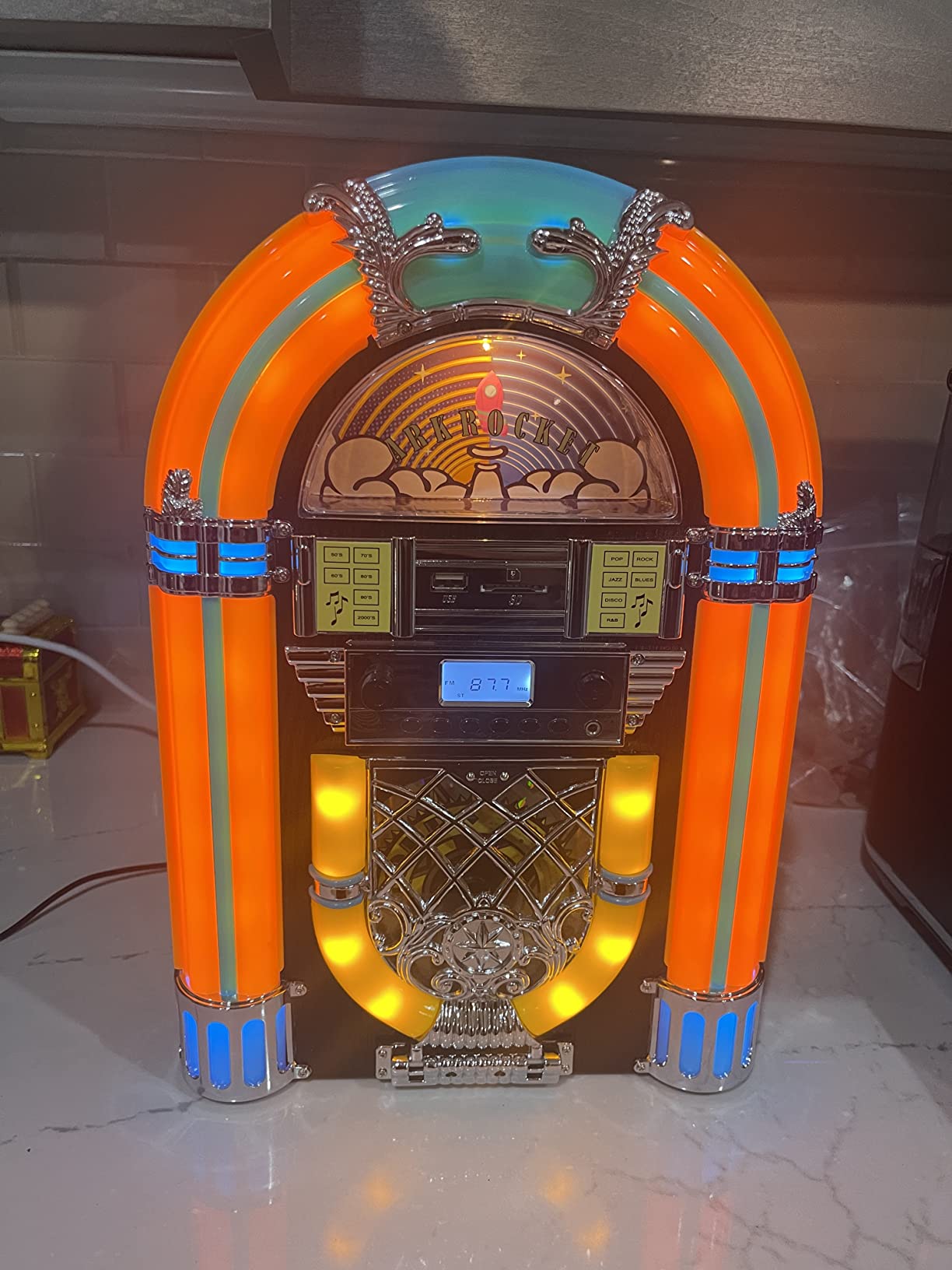 Arkrocket Athena Mini Jukebox/Tabletop CD Player/Bluetooth Speaker/Radio/USB and SD Card Player with Retro LED Lighting System (Yellow Green) customer photo 2