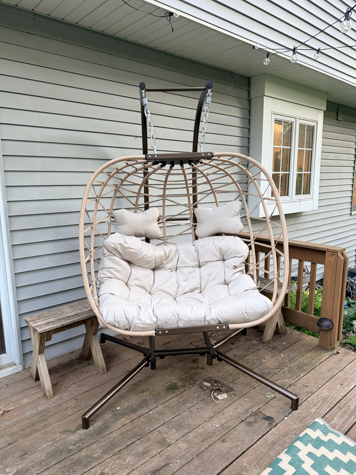 NICESOUL Double Swing Egg Chair with Stand, Extra Large 2 Person Indoor Outdoor Wicker Loveseat, Oversized Patio Hanging Basket Chair with Cushions, Cozy Sturdy Porch Swing for Backyard Balcony, Beige customer photo 1