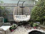NICESOUL Double Swing Egg Chair with Stand, Extra Large 2 Person Indoor Outdoor Wicker Loveseat, Oversized Patio Hanging Basket Chair with Cushions, Cozy Sturdy Porch Swing for Backyard Balcony, Beige customer photo 2