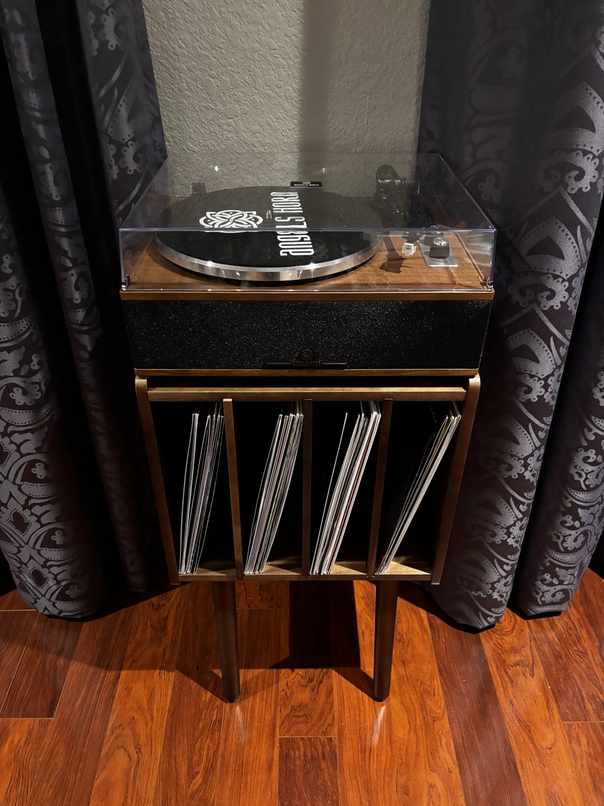 2BHOME Wooden LP Record Player Stand with 4 Cabinets, Holds up to 100 Vinyls, Metal Record Storage Holder and Organizer Table, Classical Design for Files/Book (Mid-Century Modern) customer photo 2