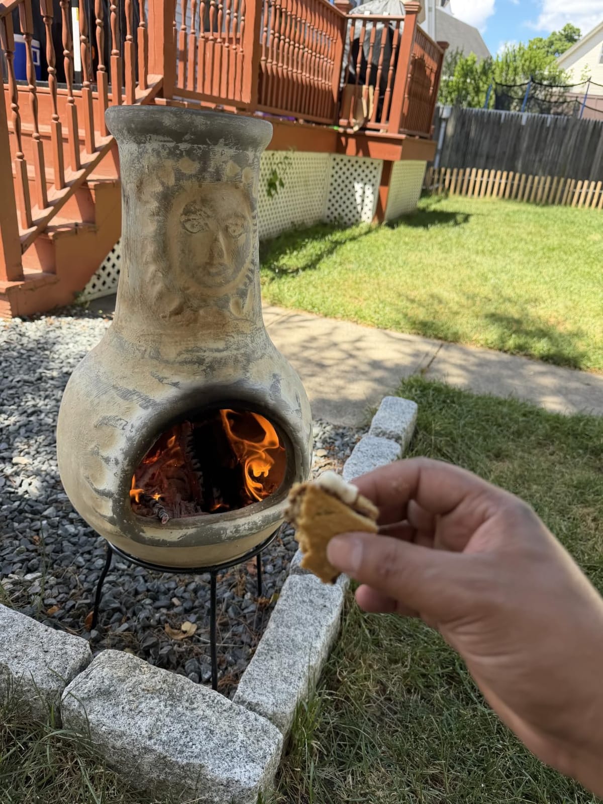 Wiosi Medium Chiminea Outdoor Fireplace Grey Clay Chimineas with Chimney Rain Lids and Solid Metal Stands - Grey Terracotta Chimenea - Rustic Fire Pit Chimnea 16 x 16 x 32-inch customer photo 2