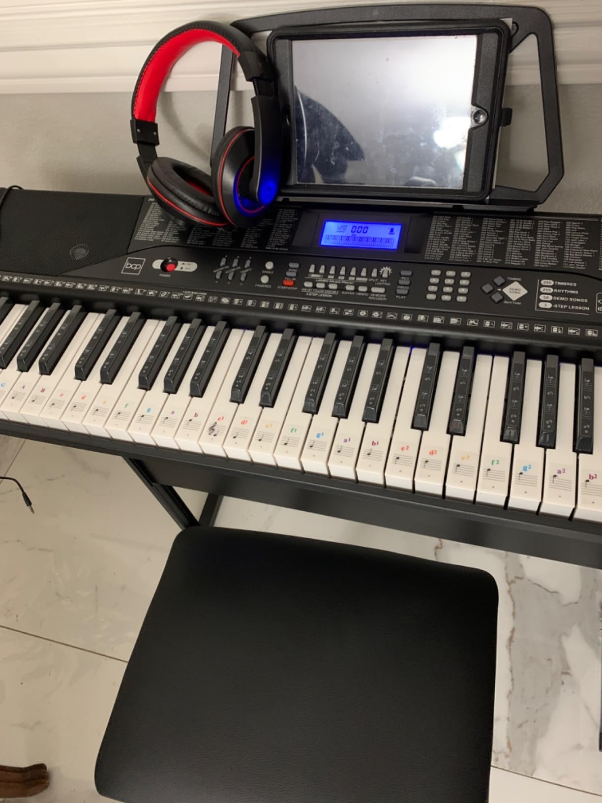 Best Choice Products 61-Key Beginners Complete Electronic Keyboard Piano Set w/Lighted Keys, LCD Screen, Headphones, Stand, Bench, Teaching Modes, Note Stickers, Built-In Speakers - White customer photo 1