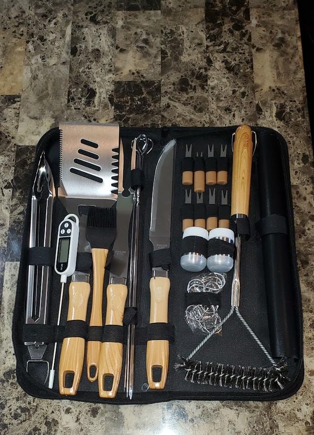 RINPIR 31pcs BBQ Grill Accessories Gifts for Men Dad, Heavy Duty Grilling Tools Gift Set for Father‘s Day, Stainless Steel BBQ Utensils Kit with Mats, Grill Brush in Carrying Bag Brown customer photo 2
