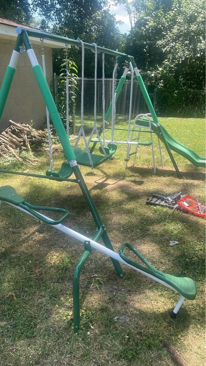 Sportspower Park Ridge Metal Swing Set for Ages 3-8, 2 Swings, Standing Swing, Roman Glider, Teeter Totter, on 5ft Slide, 6.1ft Durable Steel Frame, Anchor Kit, 800lbs customer photo 1