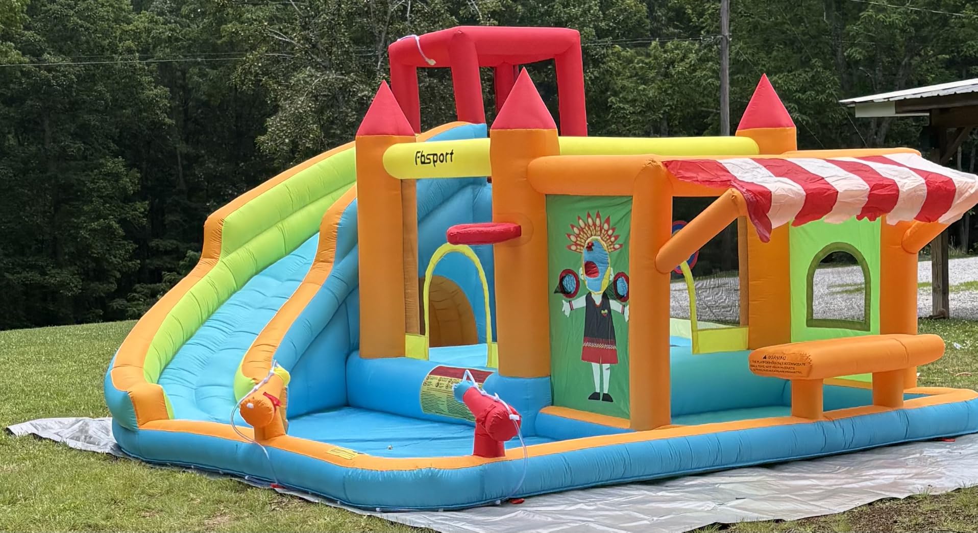 FBSPORT Inflatable Bounce House Water Slide, Bounce House for Kids with Toy Market Stand Splash Pool Bouncer Climbing Wall Water Gun Ball Dart, Bouncy Castle W/620W Blower for Outdoor Indoor, Red customer photo 2