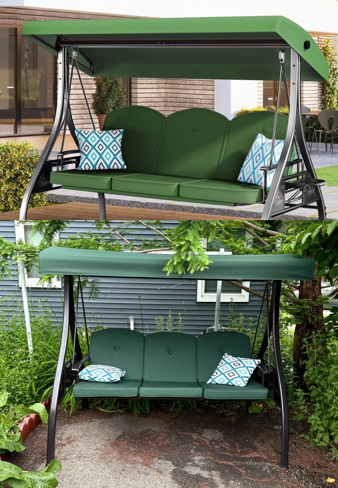 ZZW 3 Seat Outdoor Porch Patio Swing with Stand 800lbs 2-in-1 Convertible Swing Bed with Adjustable Canopy & Removable Cushion for Yard Garden Deck (Blue, Square Tube) customer photo 1
