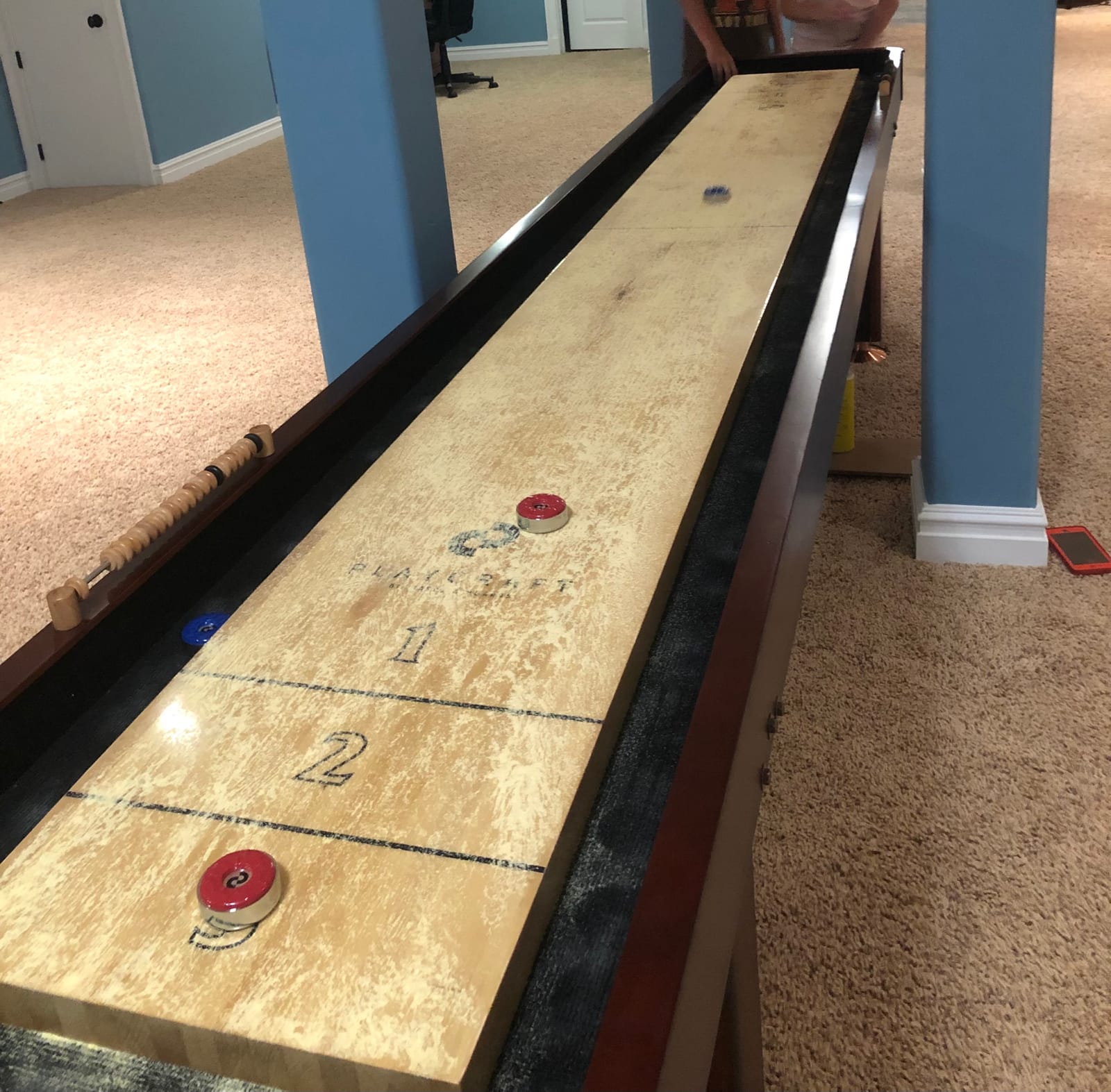 Playcraft Georgetown Shuffleboard Table with Storage Cabinet - Shuffle Board Game Table with Matching Abacus, 8 Pucks, Brush & Wax - Pro Climate Adjusters - Hand-Stained Burnished Finish customer photo 2