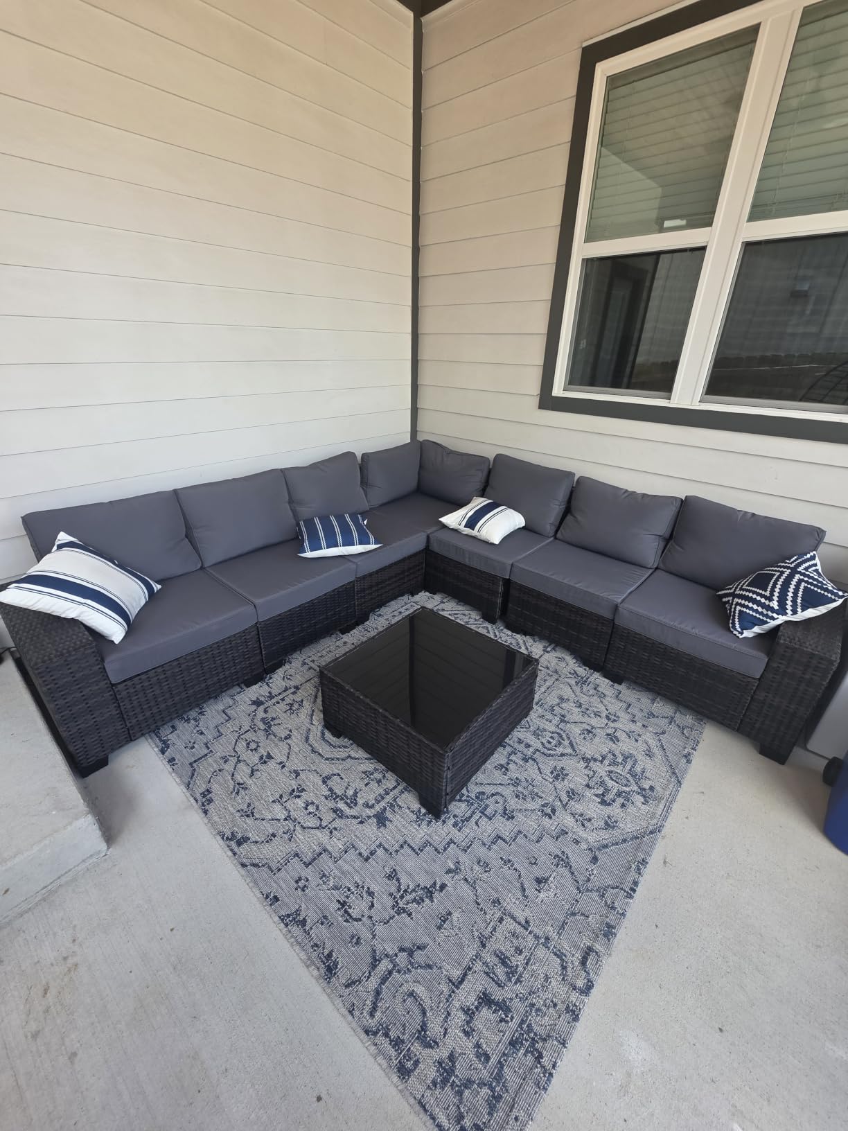 Jing's Villa 6-Piece Patio Furniture Set, All-Weather Outdoor Wicker Sectional Sofa with Cushions, Glass Table & Left and Right Armrest, Rattan Conversation Seating for Porch, Garden, Backyard,Beige customer photo 2