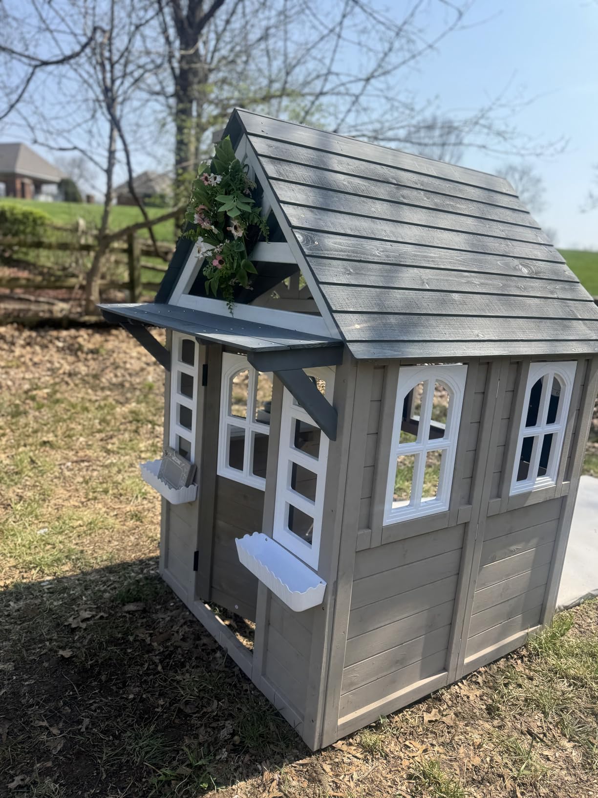 Seizeen Outdoor Play House for Kids, Fir Wooden Kids Playhouse Outdoor Indoor Cottage Toddler Playhouse with Kitchen, Dutch Door, Bench, Flowerpot Holders, Working Doorbell, Pet Hole, Clock (Brown) customer photo 1