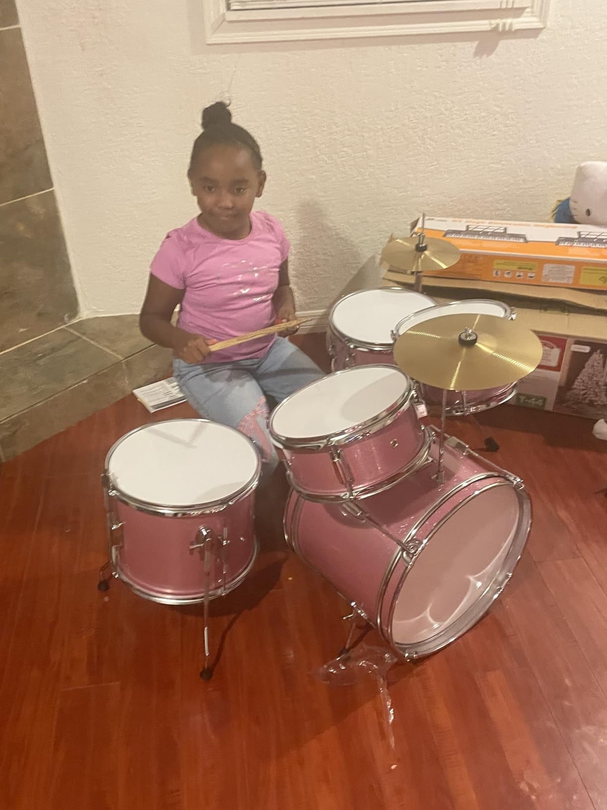 Best Choice Products Kids 5-Piece Beginner Drum Set Junior Kit, Starter Percussion w/Cymbals, Pedal, Toms, Snare, Drumsticks, Stool - Pink Sparkle customer photo 2