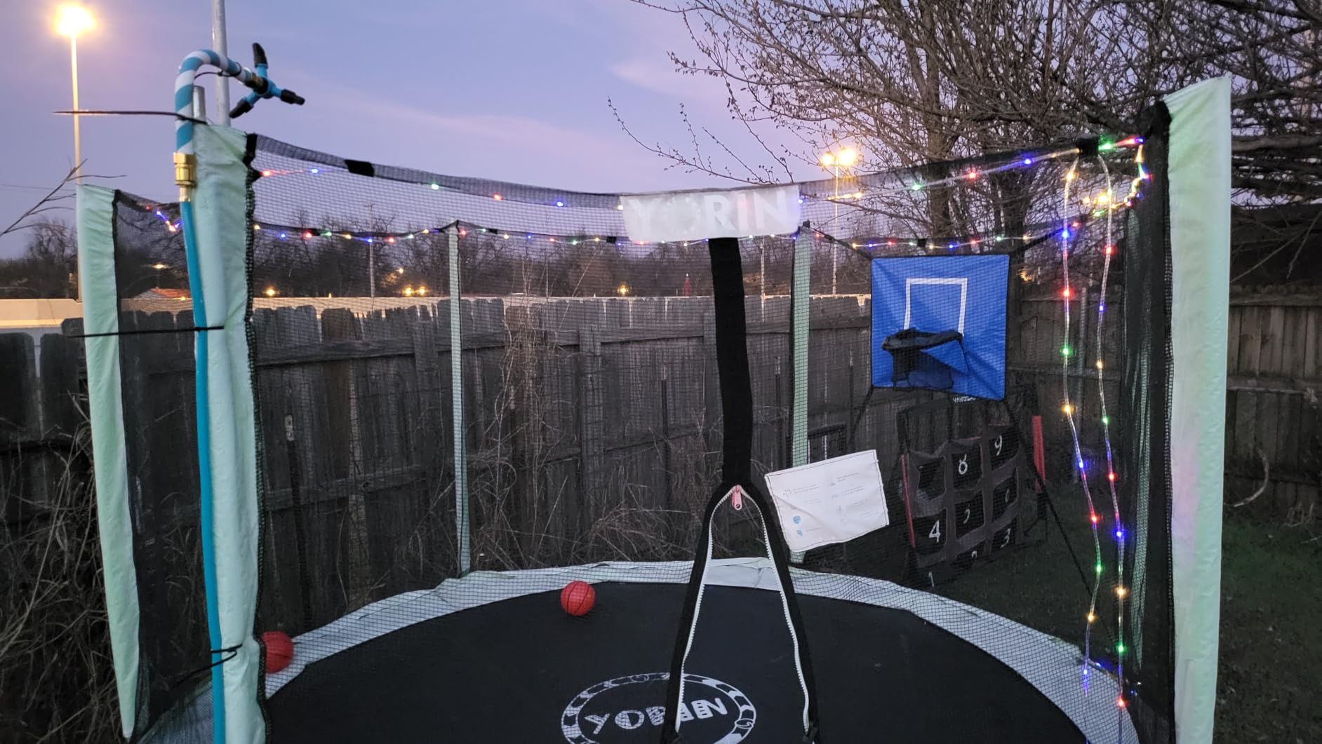 3-in-1 Trampoline Accessories Kit: 360°Rotating Water Sprinkler, 50FT Solar-Powered LED Lights & Kids Basketball Hoop with 3 Mini Balls / 8 Light Modes, Universal Fit for 8-16ft Trampolines customer photo 1
